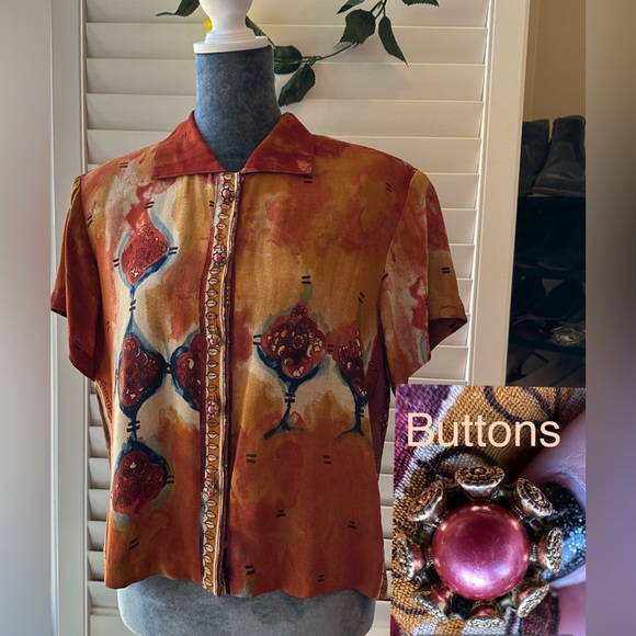Vintage Platinum Dorothy Schoelen Buttoned Short Sleeve Top size Medium - Picture 1 of 13